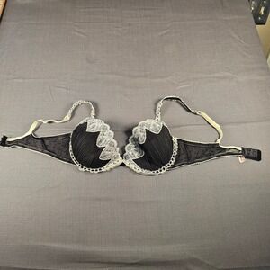 Jezebel Black White Lace Pleated Push Up Bra 36B Removable Padding 14271